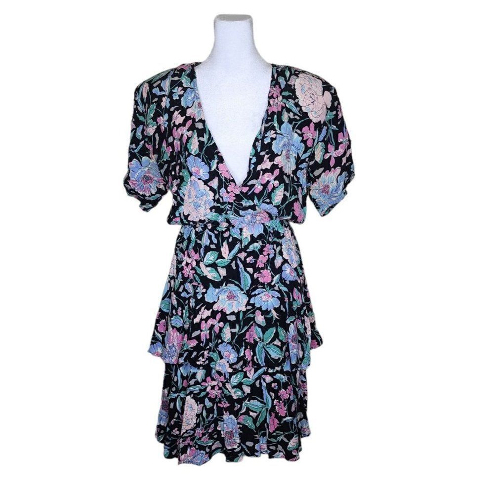 Vintage 80s Wrap Dress Short Sleeve Womens Size S Black Floral Flounce Skirt